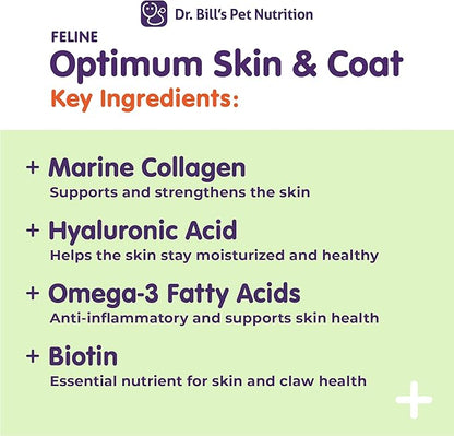 Dr. Bill’s Feline Optimum Skin &amp; Coat – Fish Oil Omega-3 Fatty Acids for Cats Healthy Fur | Reduce Shedding and Hairballs with Biotin, Type I &amp; III Marine Collagen, Hyaluronic Acid, &amp; Folic Acid