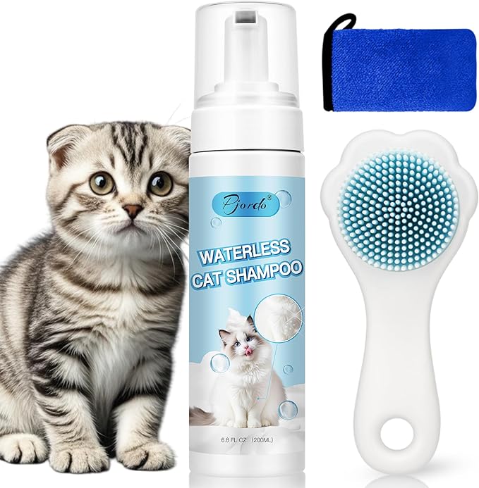 Waterless Cat Shampoo with Brush and Cloth, 6.8 FL OZ Cat Shampoo and Conditioner, Cat Dry Shampoo, No Rinse Formula for Quick Clean, Care for Cats and Kittens with Itching &amp; Sensitive Skin