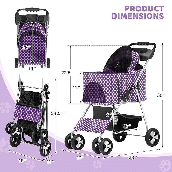 Magshion Foldable Pet Stroller, 3-in-1 Dog Travel Jogger with Detachable Carrier, Cup Holder, Storage Basket, Folding Carrier for Small/Medium Dogs &amp; Cats Up to 33 lbs, Purple Polka Dots