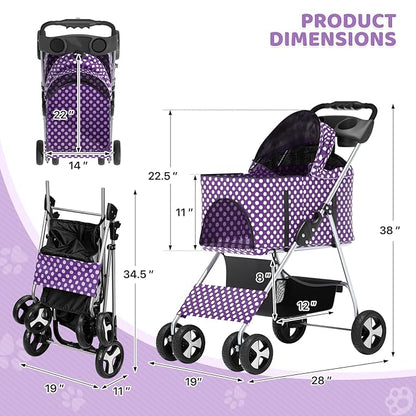 Magshion Foldable Pet Stroller, 3-in-1 Dog Travel Jogger with Detachable Carrier, Cup Holder, Storage Basket, Folding Carrier for Small/Medium Dogs &amp; Cats Up to 33 lbs, Purple Polka Dots
