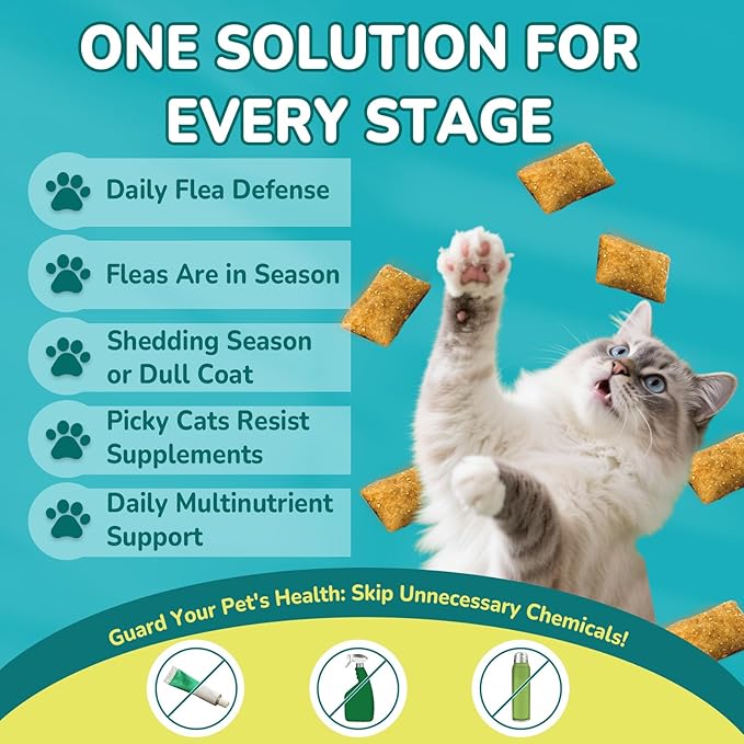 4-IN-1 Flea and Tick Prevention for Cats, 500 Crunchy &amp; Creamy Chews, Cat Flea Treatment, Natural Oral Flea Treatment for Cats, Daily Support for Flea, Immune, Skin &amp; Coat, Gut, Chicken Flavor