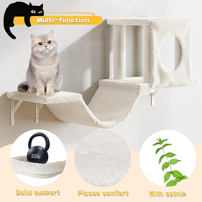 NUNU LAB Wall Mounted Cat Furniture, 6 Pcs Cat Wall Shelves with Condo House, Bridge, Steps, Scratcher, Hammock, Indoor Safe &amp; Stable Furniture for Kittens Play, Beige