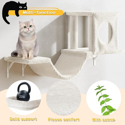 NUNU LAB Wall Mounted Cat Furniture, 6 Pcs Cat Wall Shelves with Condo House, Bridge, Steps, Scratcher, Hammock, Indoor Safe &amp; Stable Furniture for Kittens Play, Beige