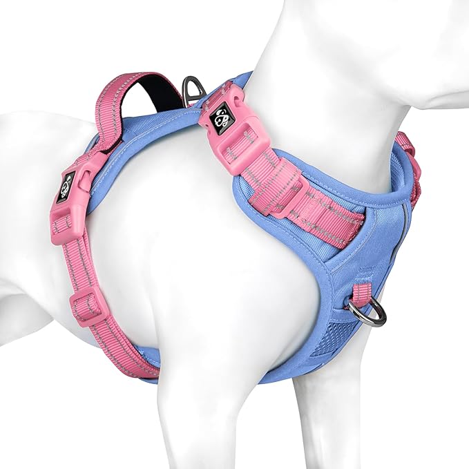 PHOEPET No Pull Dog Harness, Unique Colors Reflective Adjustable Dog Vest, with Soft Training Handle Metal Clips for Small Medium Large Dogs (Baby Blue Base &amp; Pink Straps,M)