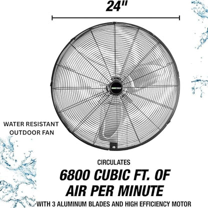 OEMTOOLS 24" Outdoor Wall Mount Fan, 80° Oscillating Fan 6800 CFM Max, Water Resistant, Use in Garage, Gym, Warehouse, Factory and Jobsite