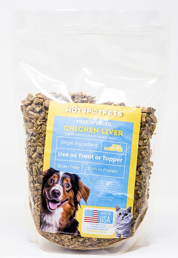 hotspot pets Freeze Dried Chicken Liver Treats for Cats &amp; Dogs -1LB Big Bag-Made in USA- Single Ingredient All Natural, Grain-Free - Perfect for Training, Food Topper or Snack