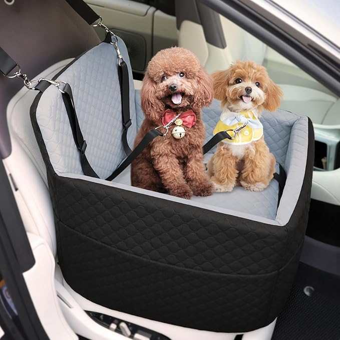 Dog Car Seat for Small &amp; Medium Dogs Under 35lbs, Detachable &amp; Washable Pet Car Seat, Interior Height 6 Inches Pet Travel Bed with Storage Pockets and 2 Dog Safety Belts (Black/Gray)