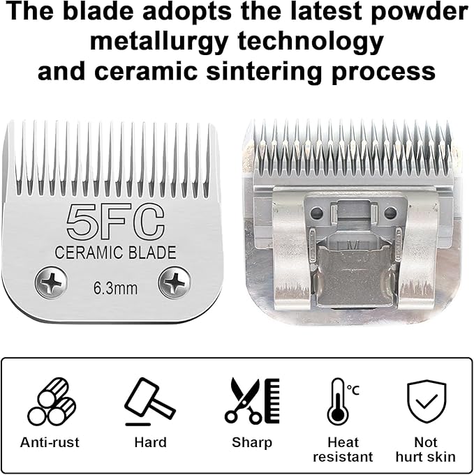 Detachable Pet Dog Clipper Blades, Compatible with Size-5FC(6.3mm), Most Oster A5, KM Series Clippers,Made of Ceramic Blade &amp; Stainless Steel Blade 2Pack