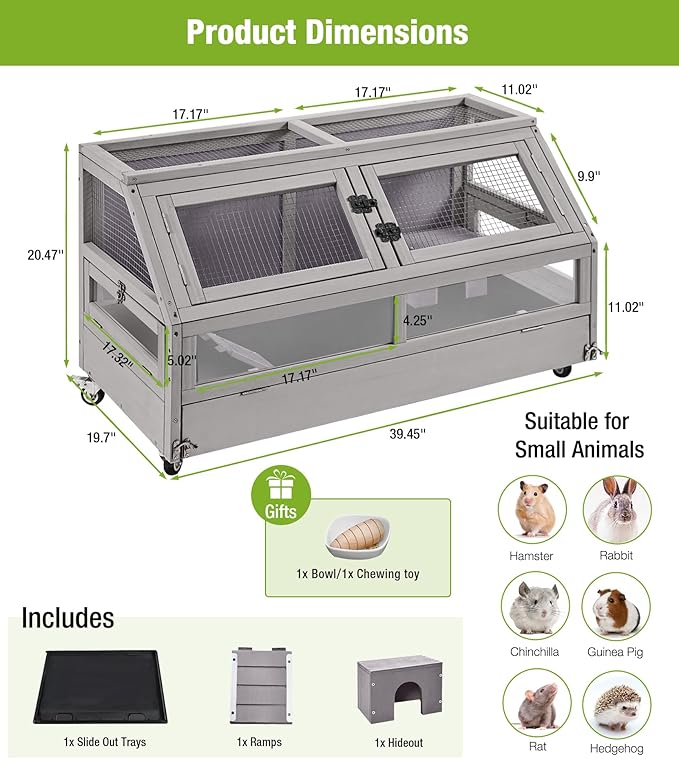 GUTINNEEN Guinea Pig Cage, Hamster Cage with Chew-Proof Aluminum Edges &amp; Leak-Proof PVC Layer, Small Animal Cage with 4-Wheel Design, Acrylic/Mesh Panels for Ferrets, Rats