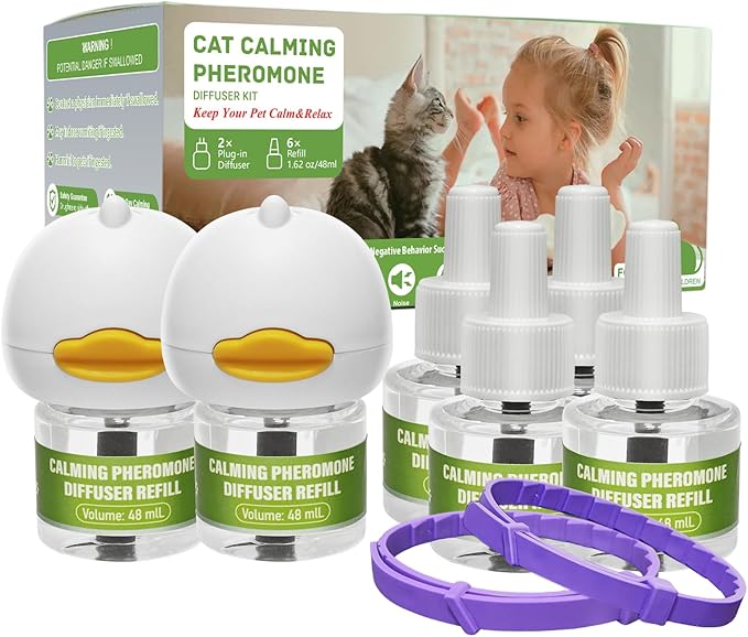 2 Diffusers&amp; 6 Refills +2pcs Calming Collar Cat Calming Diffuser, Plug in Diffuser Cat Pheromone Calming Diffuser Starter Kit Helps Ruduce Anxious, Anti-Stress &amp; Comforts Cats