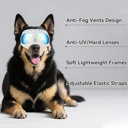 Dog Goggles for Medium-Large Breeds Windproof Anti-UV Pet Sunglasses with Adjustable Straps for Large Dog - White