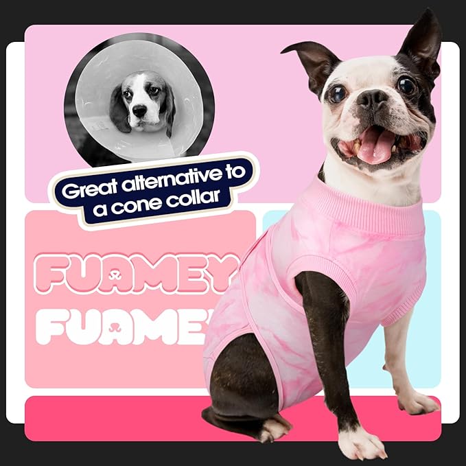 FUAMEY Recovery Suit for Dogs After Surgery,Soft Breathable Dog Bodysuit E-Collar &amp; Cone Alternative Surgical Suit,Male Female Dog Neuter Spay Suits Anti Licking Wounds Onesie Pink Tie Dye XS