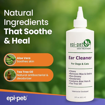 Dog &amp; Cat Ear Cleaner Solution with Aloe Vera &amp; Tea Tree Oil – Removes Itchy Ear Wax, Debris, Odor – Ears Wash, Drops &amp; Flush for Pets, Dog Ears Cleaning, Cat Cleaner (16 oz- Pack of 2)