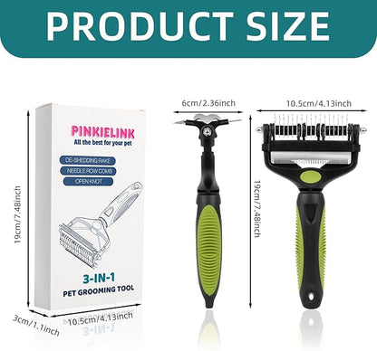 3-IN-1 Pet Grooming Tool - Undercoat Rake, Dematting Comb &amp; Deshedding Brush for Cats &amp; Dogs - Removes Mats, Tangles &amp; Loose Fur, Reduces Shedding &amp; Prevents Hair Mess (Green)