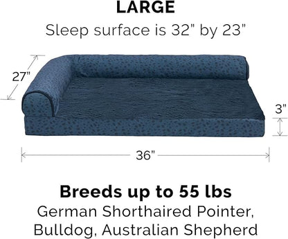Furhaven Cooling Gel Dog Bed for Large/Medium Dogs w/ Removable Bolsters &amp; Washable Cover, For Dogs Up to 55 lbs - Plush &amp; Almond Print L Shaped Chaise - Blue Almonds, Large