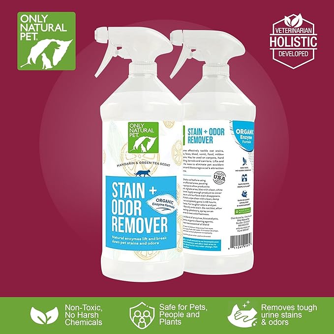 Only Natural Pet Enzyme Powered Stain &amp; Odor Eliminator - Professional Pet Urine Pee Cleaner Deodorizer for Cats - Hardwood Floors Carpets Upholstery - Fresh Mandarin Orange &amp; Green Tea Scent 32Floz