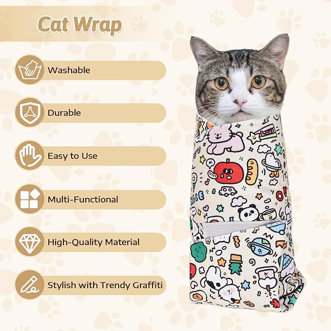 3-in-1 Cat Grooming Restraint Bag for Nail Trimming, Ear Cleaning &amp; Medicine - Escape-Proof Design with Anti-Scratch Lining, Calming Pressure - Fits Cats &amp; Kittens Up to 15lbs