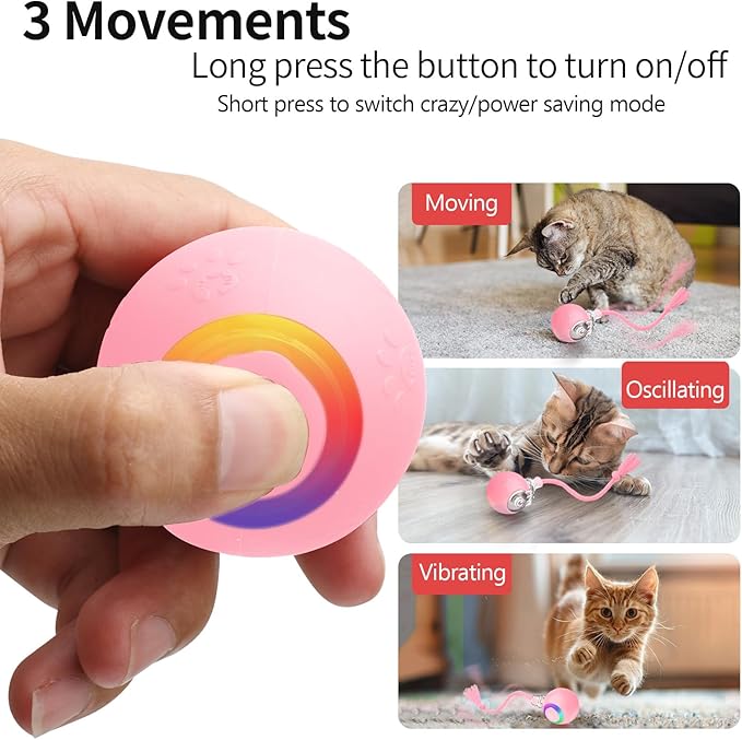 Interactive Cat Toys, Automatic Moving Cat Toys for Bored Indoor Adult Cats, Fast Rolling, Chirping &amp; Motion-Activated Kitty Toys, Fun Gift for Cats with Speedy Tail 2.0, USB Rechargeable,Pink