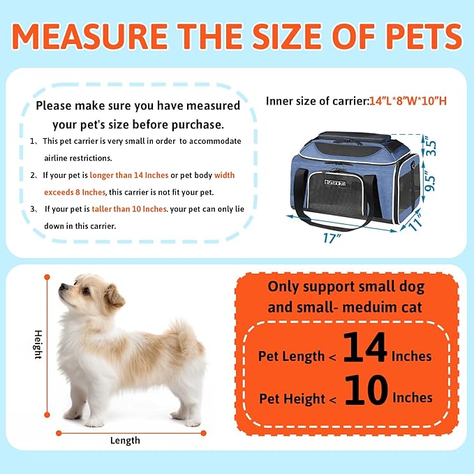 Petskd Top-Expandable Pet Carrier 17x11x9.5 Inches Alaska Airline Approved, Soft-Sided Carrier for Small Cats and Dogs with Locking Safety Zippers and Anti-Scratch Mesh(Blue)