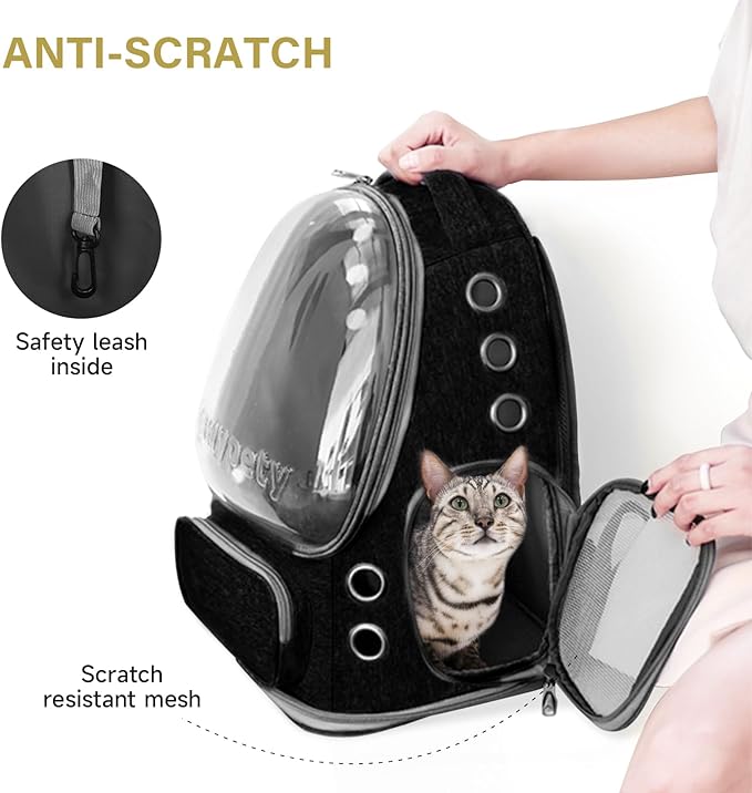 Cat Backpack Carrier, Breathable Cat Carrier Large Space Bubble Pet Backpack for Kitty Small Dog up to 12lbs, Transparent &amp; Foldable Pet Carrier for Travel Hiking (Black