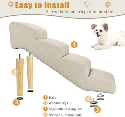 Senneny Imitation Linen Faux Leather Dog Stairs, for Pets up to 150 lbs, Waterproof, Scratch Resistant Pet Steps/Stairs with High Density Foam and Detachable Wooden Legs, Light Beige Linen, 4 Step