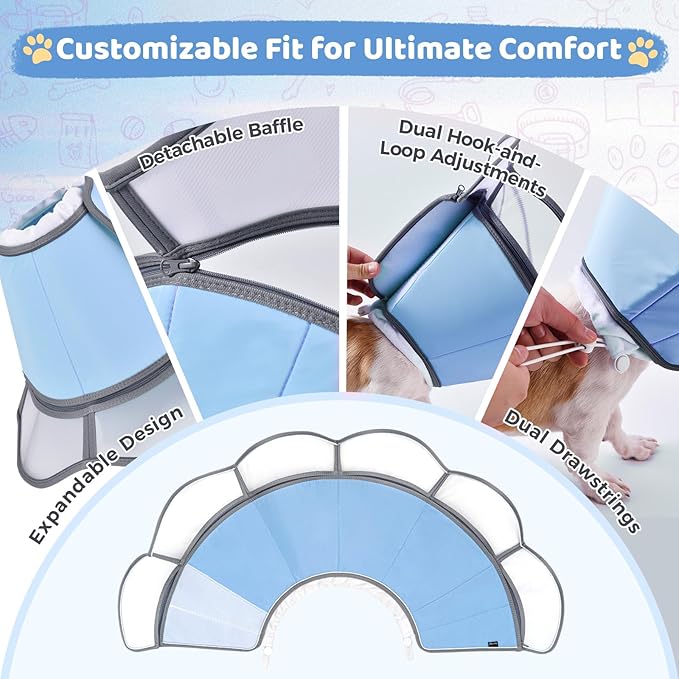 Soft Dog Cone Collar After Surgery Recovery,Adjustable E-Collar with Removable Shield,Lightweight,Breathable Anti-Licking Protective Cone for Large,Medium,Small Pets (Blue, L (Neck:15.5&