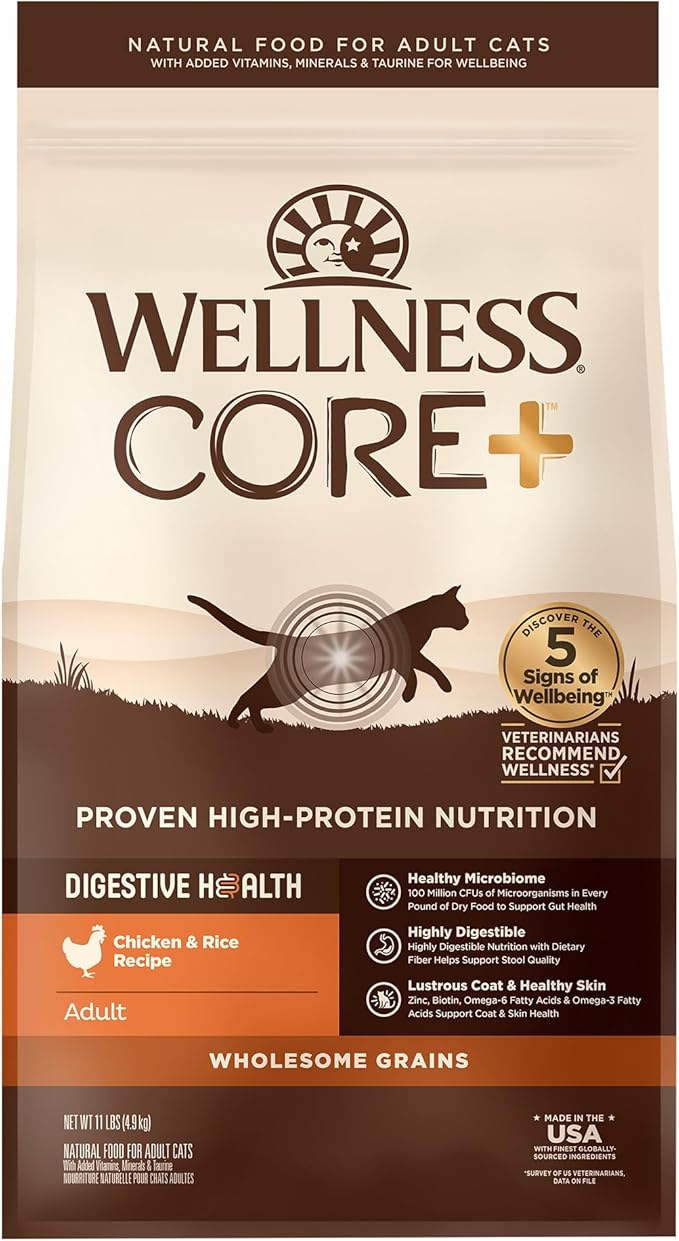 Wellness CORE+ Adult Dry Cat Food for Indoor and Outdoor Cats, Wholesome Grains, Natural, Digestive Health Chicken &amp; Rice (11 Pound Bag)