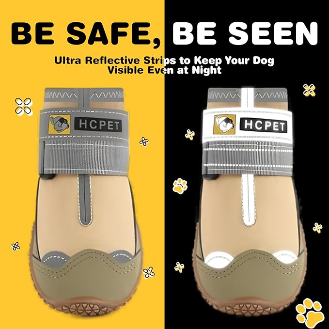 Hcpet Dog Shoes for Large Dogs, Waterproof Dog Booties for Small Medium Dogs, Anti-Slip Dog Boots &amp; Paw Protectors for Hot Pavement Winter Snow Hiking with Reflective Straps Khaki Size 2