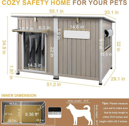 Weatherproof Outdoor Dog House, Wooden Puppy Shelter with Anti-Chewing Iron Frame and Elevated Floor, Sturdy Dog Kennel for Small, Medium &amp; Large Dogs, Grey (Gray, 51" L x 29" W x 32" H)
