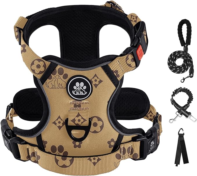 IVY&amp;LANE No Pull Dog Harness with Leash Set, Reflective No Choke Pet Vest,Adjustable Oxford Dog Vest Harness with Easy Control Handle for Large Dogs (Light Brown,L)