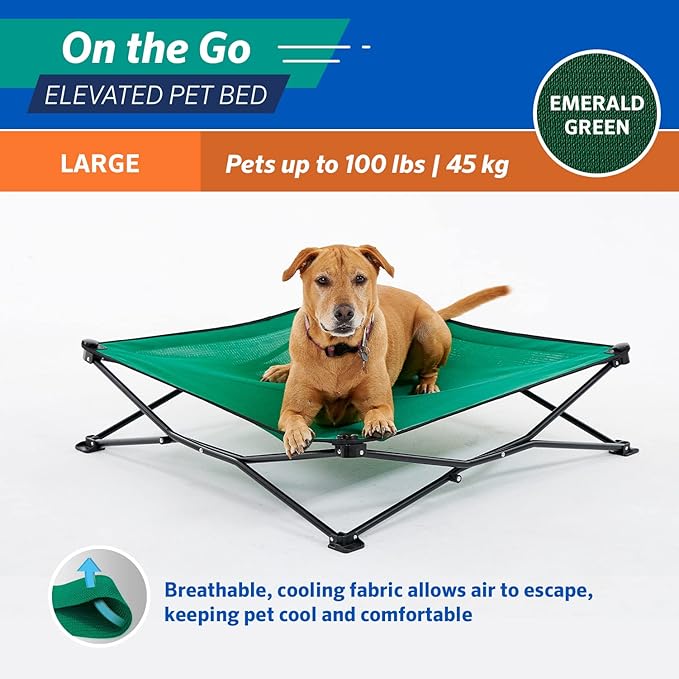 Coolaroo On-The-Go Elevated Dog Bed - Foldable Pop-Up Travel Dog Bed with Breathable, Moisture-Resistant Fabric, Carry Bag Included, Lightweight &amp; Portable, Emerald Green, Large