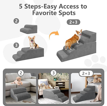 𝟱 𝗦𝘁𝗲𝗽𝘀 Dog Stairs for High Beds, 21.3" Tall Pet Steps for Small to Large Dogs &amp; Cats, Waterproof with Removable Cover &amp; PE Support Board for Bed, Couch, or Car