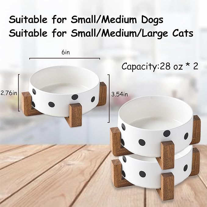 Petygooing Ceramic Dog Bowl Set with Stand - Cat &amp; Dog Food and Water Bowl, Medium Size - Anti-Slip, 28 OZ / 3.6 Cups, Black Dot