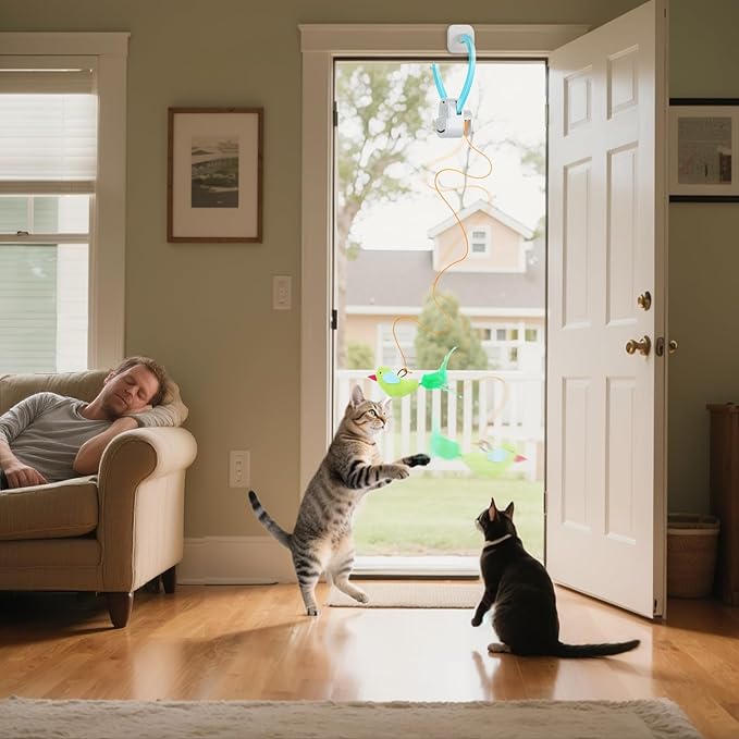 Interactive Cat Toys for Indoor Cats Automatic Electric Flying Bird Feather Wand Toy - Best Kitten &amp; Adult Cat Enrichment Stimulation Toy Hanging Electric Kitty Toys for Bored Cats（Blue White）