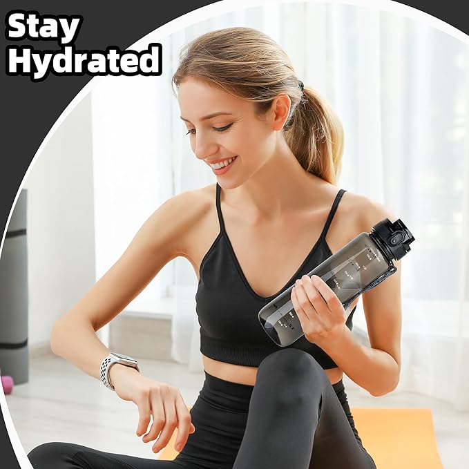 OLDLEY 32 oz Water Bottle, Motivational Water Bottle with Time Marker, Sports Water Bottle With Strap, Leakproof &amp; BPA Free Large Water Bottles for School, Gym, Travel,Tritan, Transparent Black