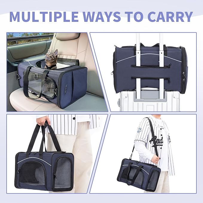 Petsfit Airline Approved Pet Carrier for Small Dogs &amp; Cats, 19x9x12 TSA Approved Carrier, with Removable Dual-Sided Padding (2-Way Placement) - Fits Under Most Airplane Seats, Escape Proof (Navy)