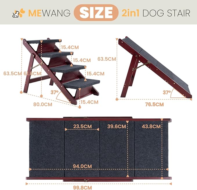 MEWANG Wooden Pet Stairs/Pet Steps - 3-in-1 Foldable Stairs &amp; Ramp for Tall Beds and Cars - Portable Dog/Cat Ladder Up to 220 Pounds - for Small and Older Animals(Brown) (31.5" L x 17.2" W x 25.0" H)