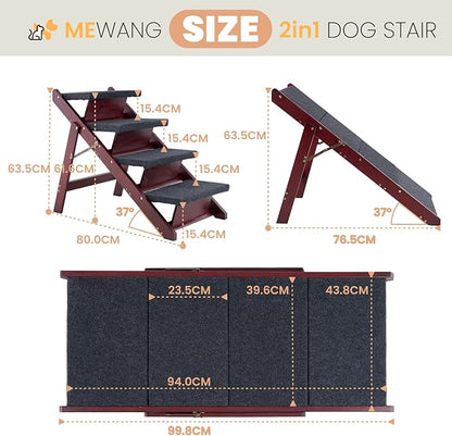 MEWANG Wooden Pet Stairs/Pet Steps - 3-in-1 Foldable Stairs &amp; Ramp for Tall Beds and Cars - Portable Dog/Cat Ladder Up to 220 Pounds - for Small and Older Animals(Brown) (31.5" L x 17.2" W x 25.0" H)