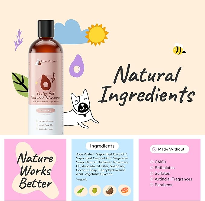 kin+kind Anti-Itch Dog &amp; Cat Shampoo for Itchy Skin and Allergies - Safe, Natural Formula with Olive, Coconut, and Avocado Oil - Made in The USA - Great for Dog Grooming and Cat Supplies (12 fl oz)