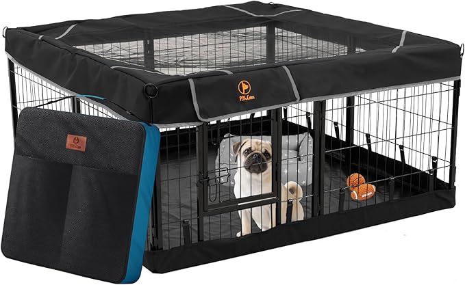 PJYuCien Dog Playpen Outdoor Plus Storage Bag, 24" H 8 Panels Puppy Pen with Square Bottom &amp; Top Cover, Heavy Duty Dog Fence for Camping