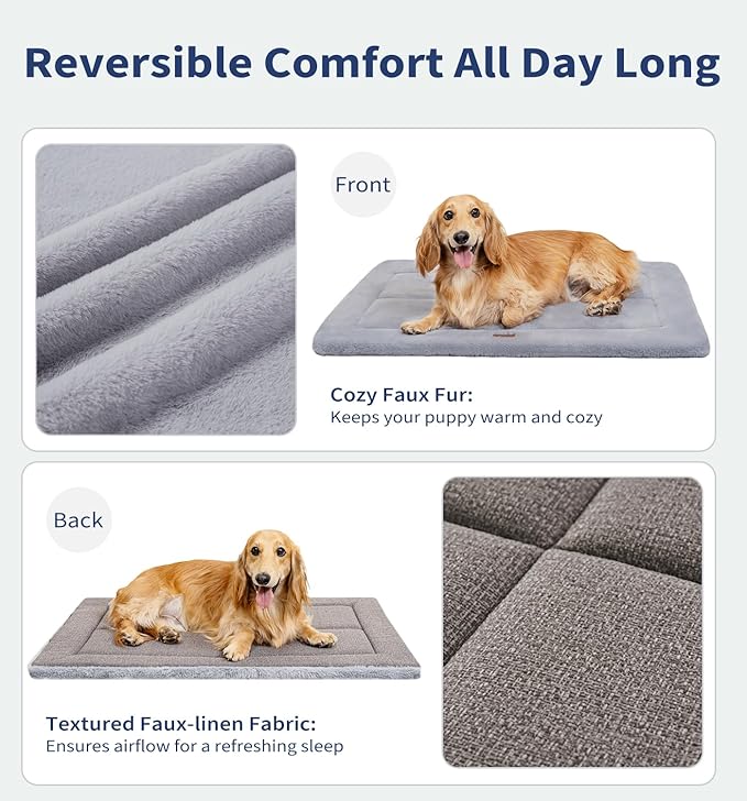 Made4Pets Dog Crate Pad Bed for Medium Dogs, Washable &amp; Reversible, Anti-Slip Kennel Mat for Cozy Sleeping, Soft Fluffy Dog Bed for Indoor &amp; Outdoor Use, 29"x21", Gray