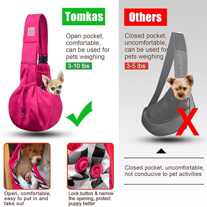 TOMKAS Dog Sling Carrier for Small Dogs Puppy Carrier for Small Dogs (Rose red, Adjustable Strap for 3-10 lbs &amp; Zipper Pocket)