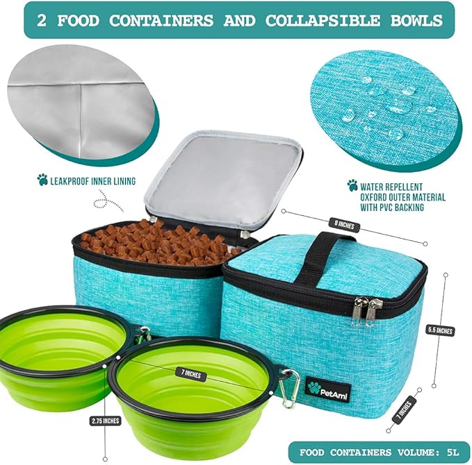PetAmi Travel Bag Organizer - Dog &amp; Cat Diaper Bag with Food Container and Bowls, Perfect for Weekend Camping (Sea Blue, Large)