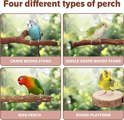 7-Piece Bird Perch Set: 3 Grapevine Paw Grinding Forks, 2 Wood Stands &amp; 2 Hammocks - Cage Accessories for Parakeets, Cockatiels, Conures, Budgies