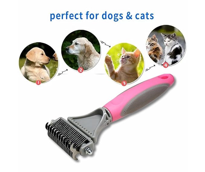3-in 1 Dog &amp; Cat Grooming Supplies- Self-cleaning Slicker Brush, Deshedding Rake Comb, And Finger Toothbrush For Dogs &amp; Cats | Perfect For Pet Grooming Kit, Dematting And Dental Tool (pink)