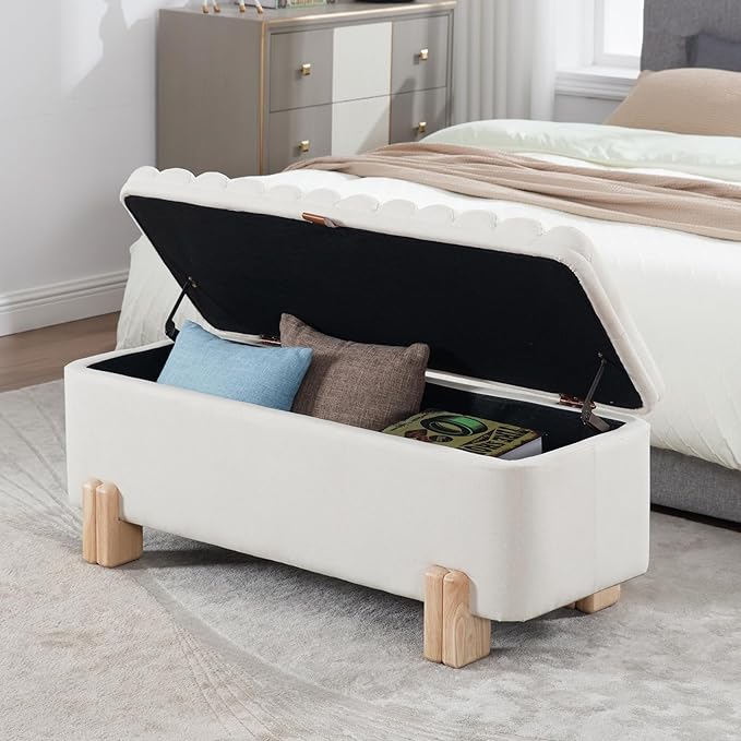 Kmax 45" Storage Bench Linen Entryway Bench Upholstered Ottoman Bench with Wavy Top &amp; Safty Hinge for Bedroom Living Room Hallway, Beige