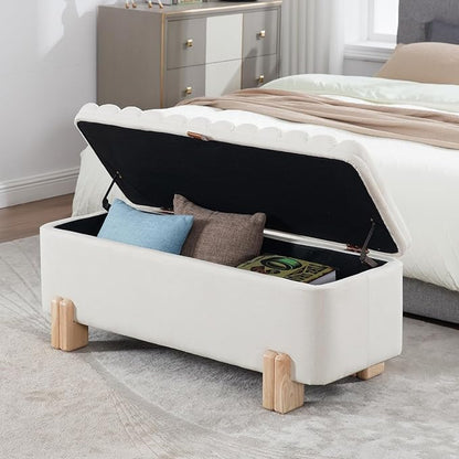 Kmax 45" Storage Bench Linen Entryway Bench Upholstered Ottoman Bench with Wavy Top &amp; Safty Hinge for Bedroom Living Room Hallway, Beige