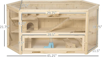 PawHut Wooden Large Hamster Cage Small Animal Exercise Play House 3 Tier with Tray, Seesaws, Water Bottle, Activity Center, Natural