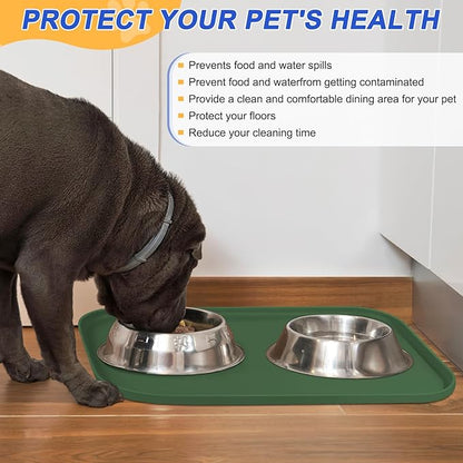 Silicone Pet Feeding Mat with Raised Edge for Food and Water, Dog Bowl Mats, Cat Bowls Placemat with High Lip for Floor Waterproof, Rubber Tray for Cats and Dogs 19 x 12 x0.7 Dark Olive
