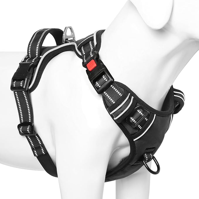 Timos No Pull Dog Harness, Release at Neck Reflective 3 Snap Buckles Adjustable No Choke Pet Vest with Front &amp; Back 2 Leash Clips, Soft Padded Control Training Handle for Small Medium Large Dogs